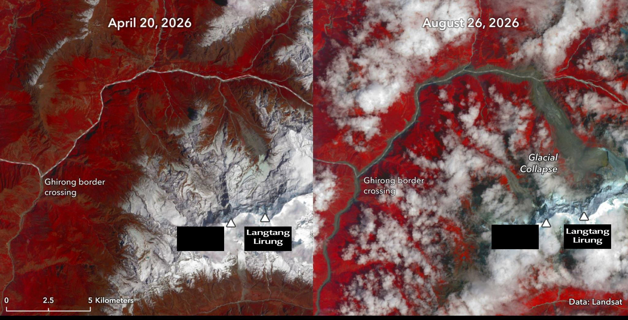 Image satellite du glacier Tabo lave torrentielle 26 aout 2026, innondation Népal